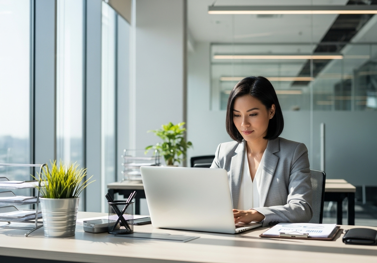 Professional woman working on laptop in modern office